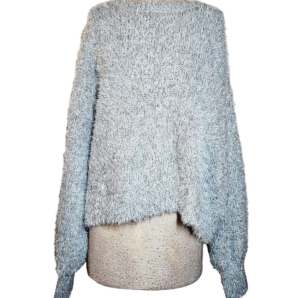 Silver Metallic Knit Sweater with Keyhole Back Size XL